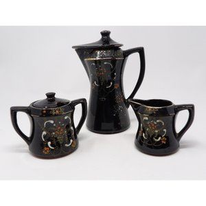 Vintage Hand Painted Japanese Red Ware Teapot Creamer Sugar Black Gold Accents